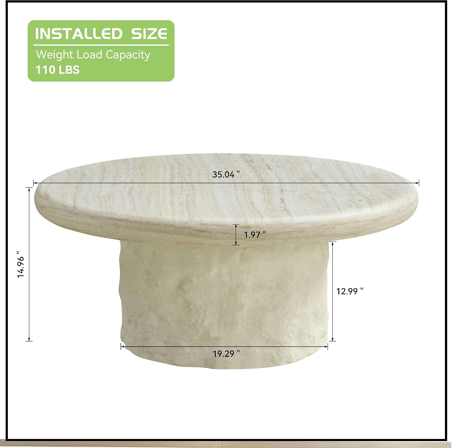 JUSTONE 35.04''Inch Faux Mars Textural Round Coffee Table, No Assembly Required, Beige Accent Table for Living Room & Apartment