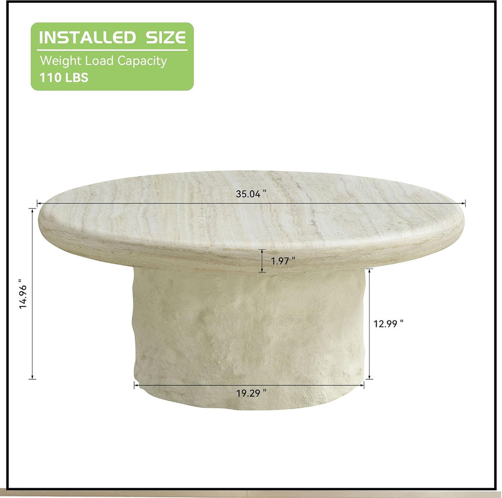 JUSTONE Set of 2 Round Coffee Tables, Modern Minimalist Fiberglass Faux Mars Side End Tables for Living Room Office, Beige