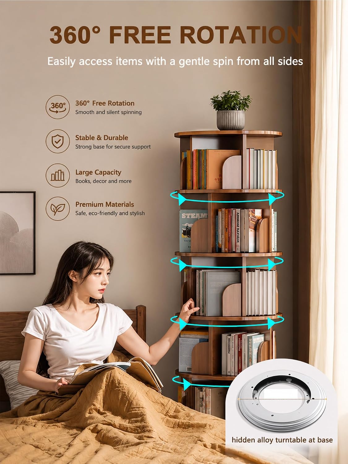 6 Tier Rotating Bookshelf with Cabinet On Wheel, 360° Display Spinning Corner Book Shelf Tower, Narrow Tall Bookshelves, Small Revolving Bookcase, Wooden Book Shelf Standing Storage Rack