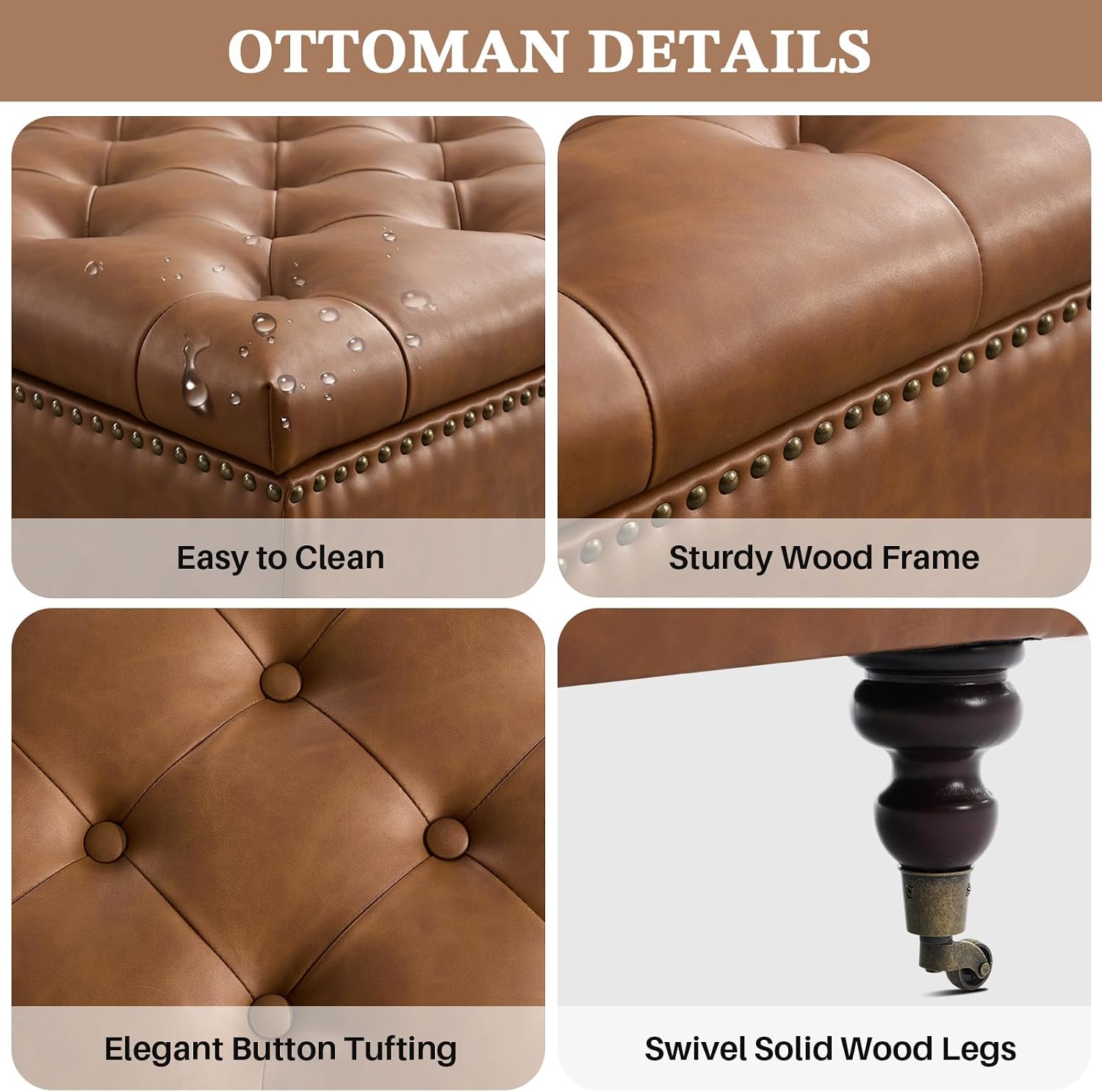 Square Storage Ottoman Coffee Table Tufted Upholstered Large Ottoman with Storage with Rolling Wheels Oversized Footrest Ottomans for Living Room, Brown Faux Leather