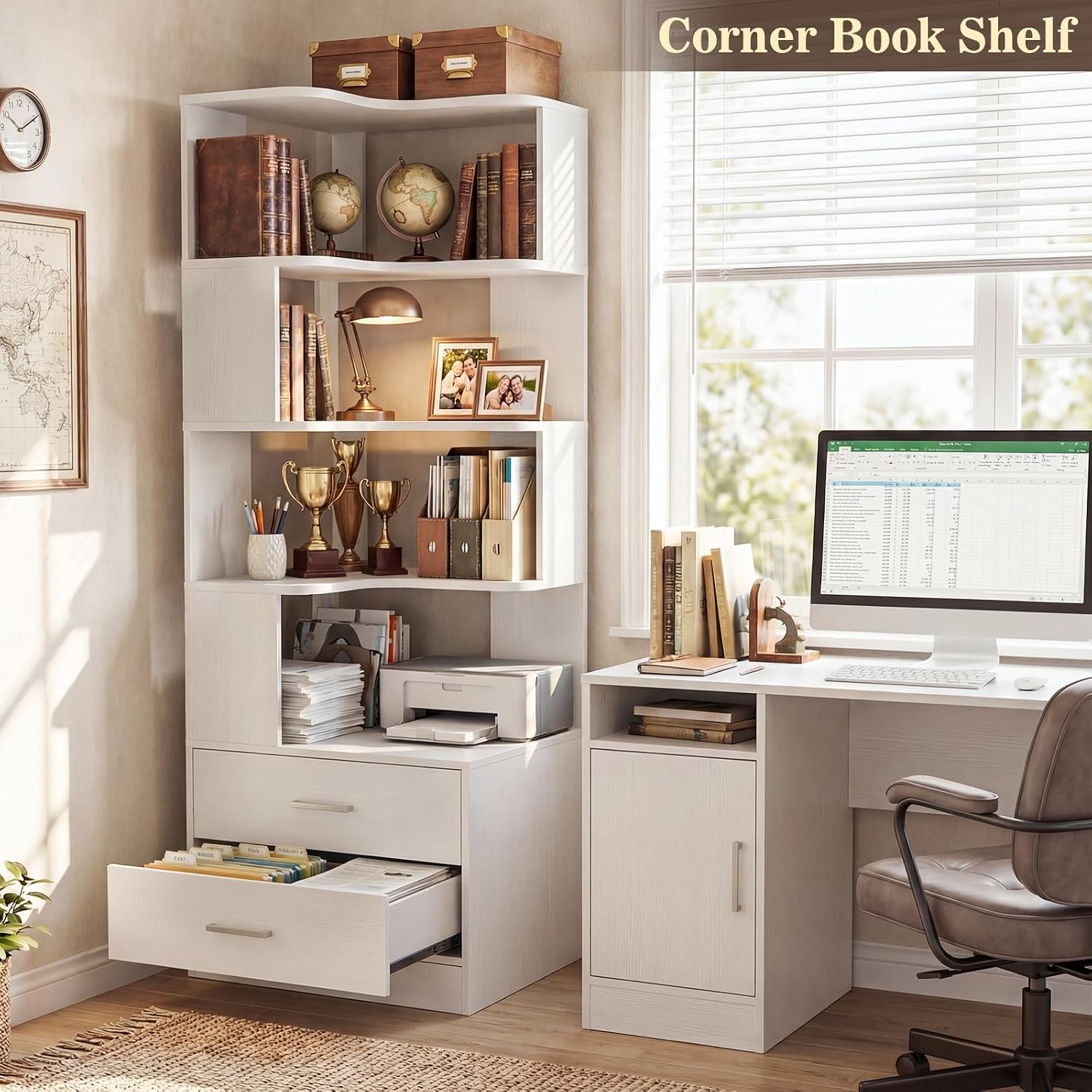Armocity Corner Bookshelf with Drawers, 7 Tier Corner Book Shelf Display Bookcase, Freestanding L Shaped Bookshelf for Bedroom, Home Office, White