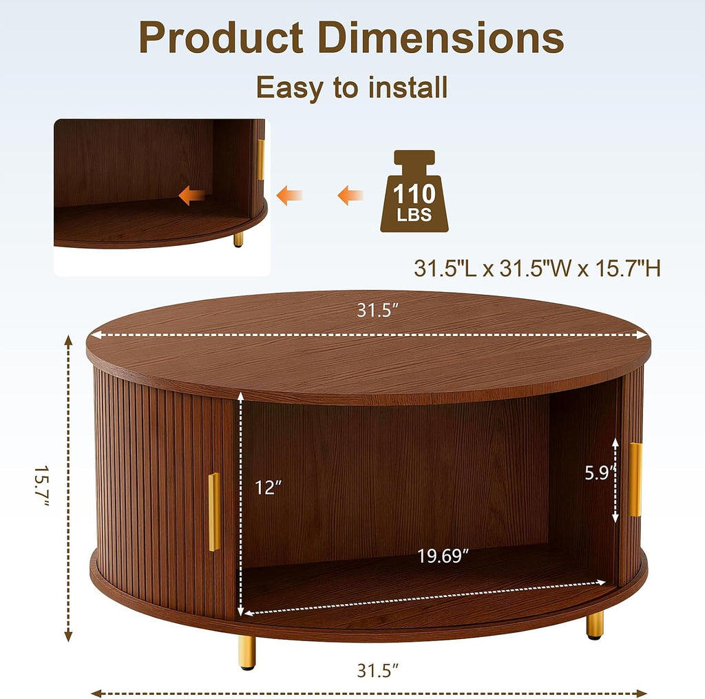 DHH Round Coffee Table, 31.5' Mid Century Modern Coffee Table with 360° Sliding Tambour Door, Fluted Accent Coffee Table with Storage Adjustable Footpads for Living Room (Walnut)