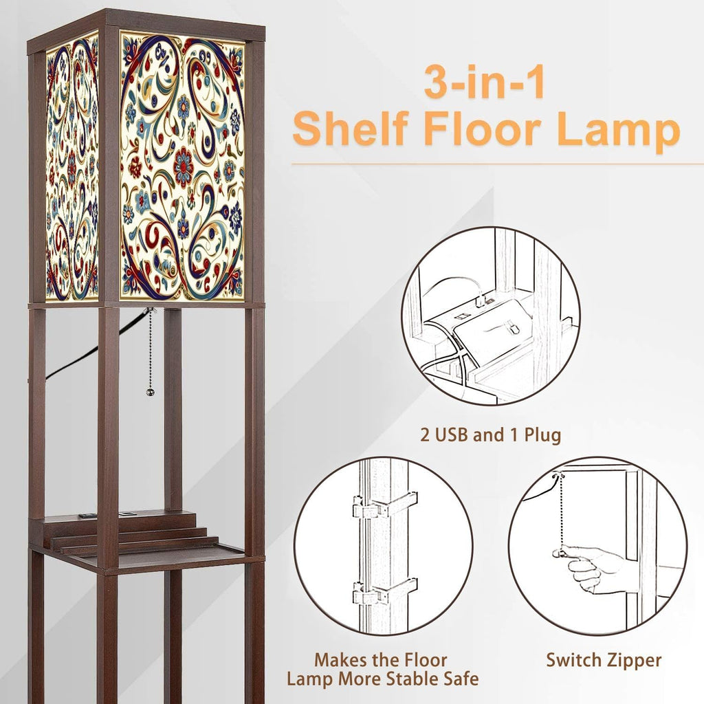 Floor Lamp with Shelves Red Blue Green Turkish Seamless Pattern Luxury Floral Ornament Standing Tall Lamp USB Ports & Power Outlet Modern Corner Lamp Nightstand Light for Living Room Bedroom