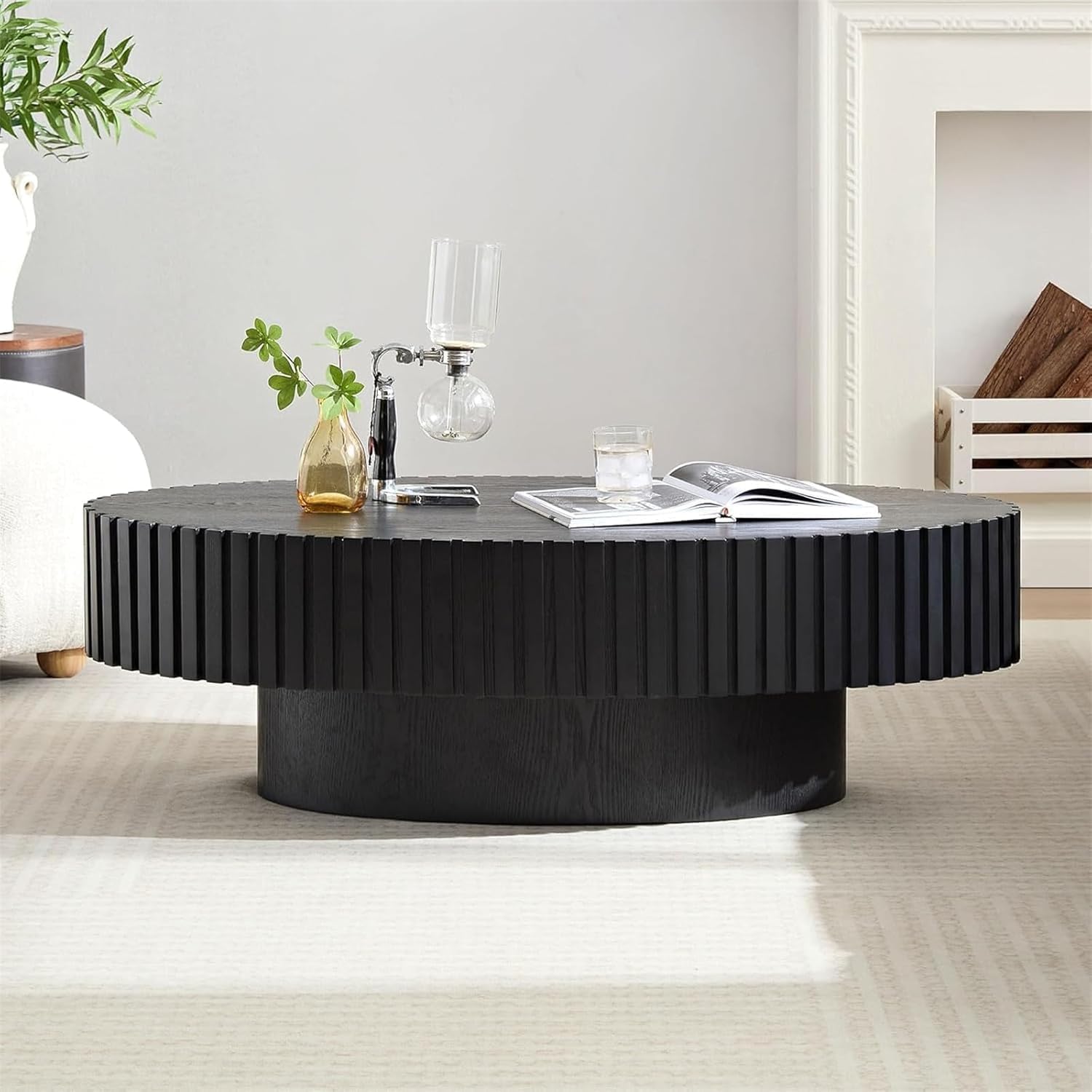43.3' Oval Coffee Table for Living Room Oval Drum Fluted Coffee Table Modern Handcrafted Fluted Drum Coffee Tables for Living Room (Black)
