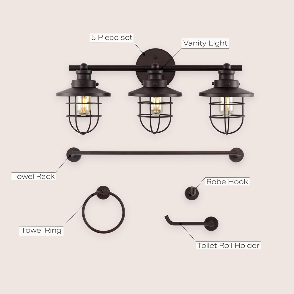 JONATHAN Y JYL1506A Ellis 24' 3-Light Industrial Farmhouse Vanity Light with Bathroom Hardware Accessory Set, Oil Rubbed Bronze (5-Piece) - Towel Bar & Ring, Toilet Paper Holder, Robe Hook