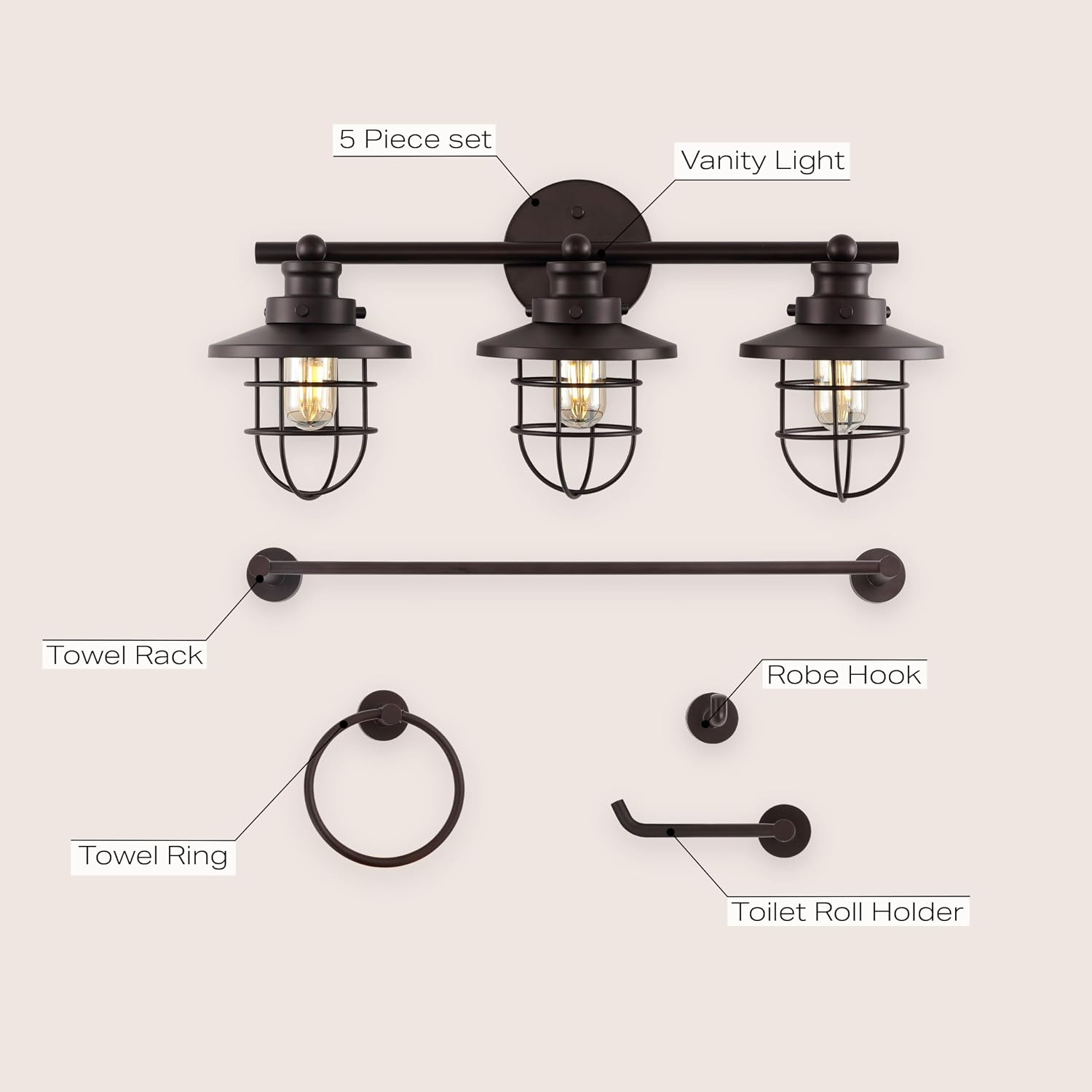 JONATHAN Y JYL1506A Ellis 24' 3-Light Industrial Farmhouse Vanity Light with Bathroom Hardware Accessory Set, Oil Rubbed Bronze (5-Piece) - Towel Bar & Ring, Toilet Paper Holder, Robe Hook