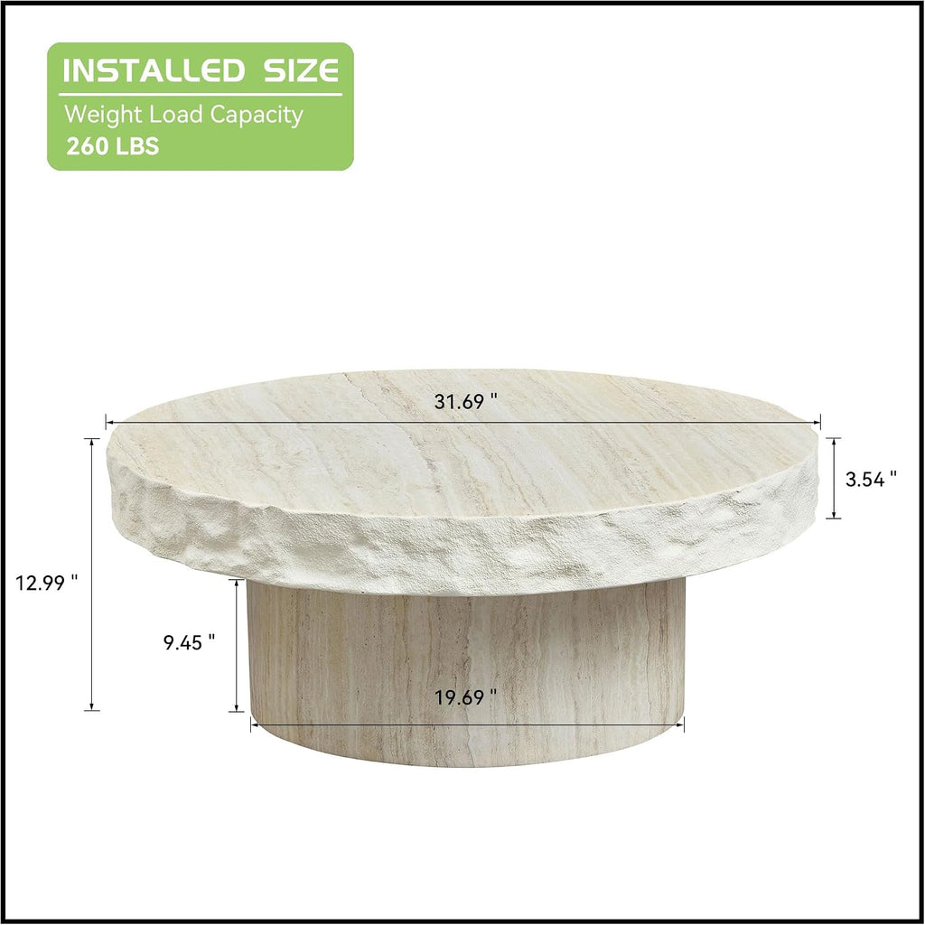 JUSTONE Round Coffee Table for Living Room, 31.69 Inch Modern Accent Table with Faux Stone Beige Weathering Finish, Minimalist Side End Table for Apartment Office