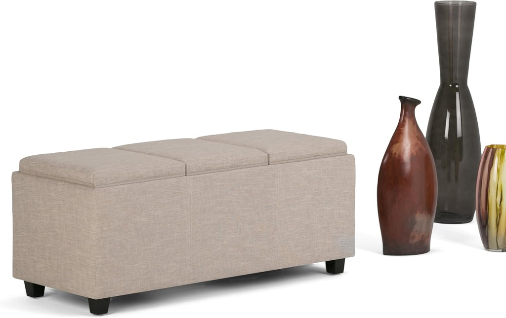 SIMPLIHOME Avalon Storage Ottoman - 42 inch Wide Upholstered Linen Look Fabric Rectangular Flip-Top Ottoman in Natural, Contemporary Coffee Table Ottoman for Living Room with Hidden Storage