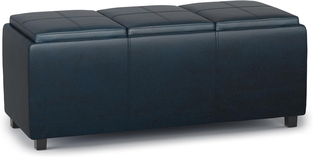 SIMPLIHOME Avalon Storage Ottoman - 42 inch Wide Upholstered Vegan Leather Rectangular Flip-Top Ottoman in Distressed Dark Blue, Contemporary Coffee Table Ottoman for Living Room with Hidden Storage