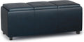 SIMPLIHOME Avalon Storage Ottoman - 42 inch Wide Upholstered Vegan Leather Rectangular Flip-Top Ottoman in Distressed Dark Blue, Contemporary Coffee Table Ottoman for Living Room with Hidden Storage