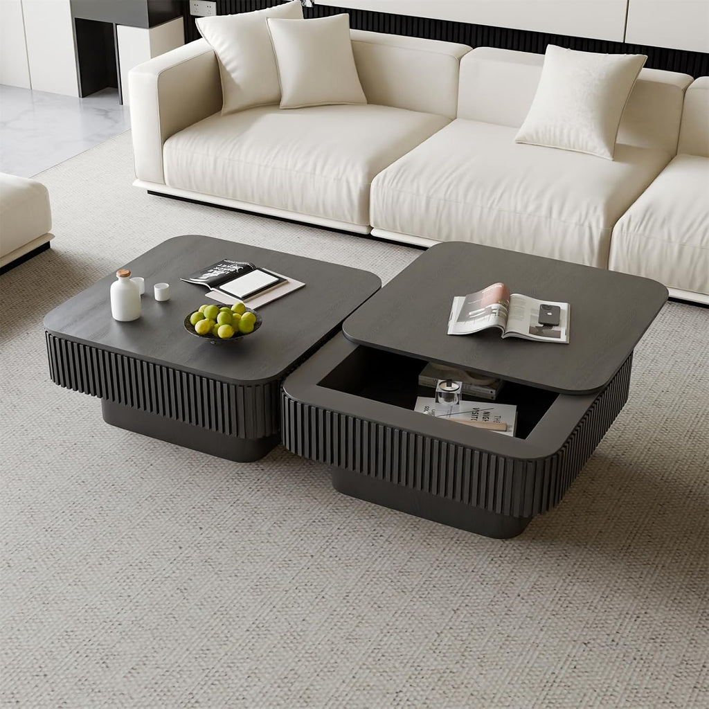 Square Coffee Table for Living Room,Fluted Drum Accent Tea Center Table with Storage,Solid Wood Modern Coffee Tables for Small Space Office Apartment (31.5' L×31.5''W×14''H-Black)