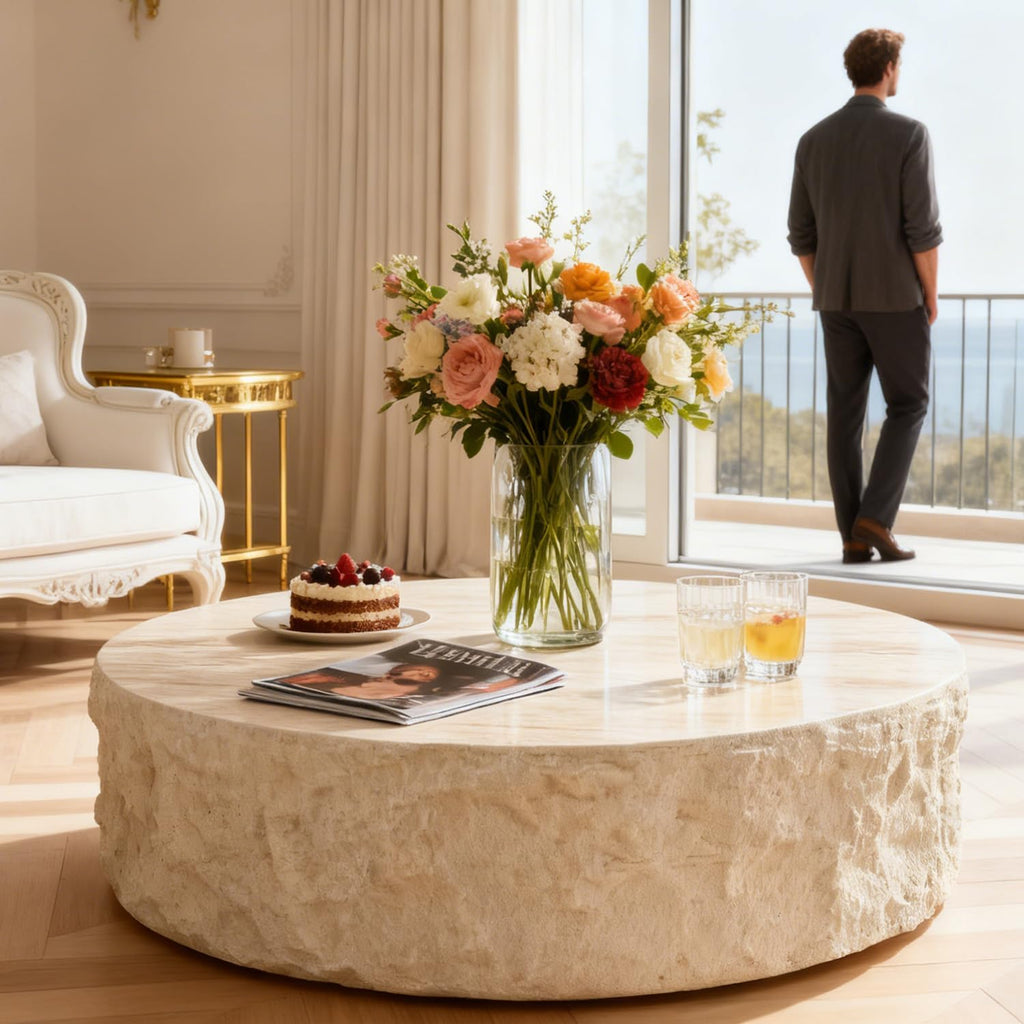 35.43'' Modern Round Coffee Table for Living Room, Faux Marble Stone Coffee Table, Minimalist Circle Center Side Table, Accent End Table for Bedroom Apartment Office, No Need Assembly, Beige