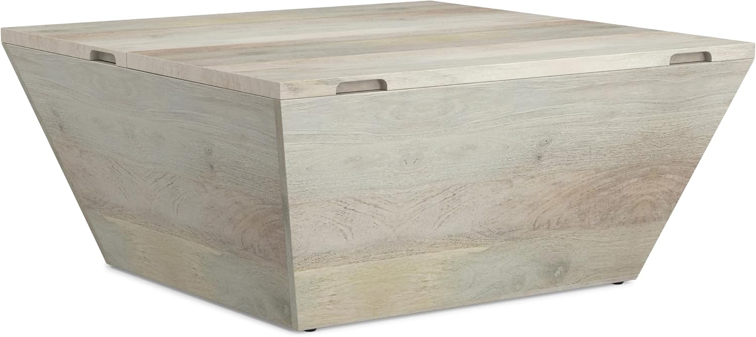 SIMPLIHOME Abba 36-inch Wide Solid Mango Modern Lift Top Square Coffee Table with Dual Lift Panels and 2 Storage Compartments in White Wash for Living Room