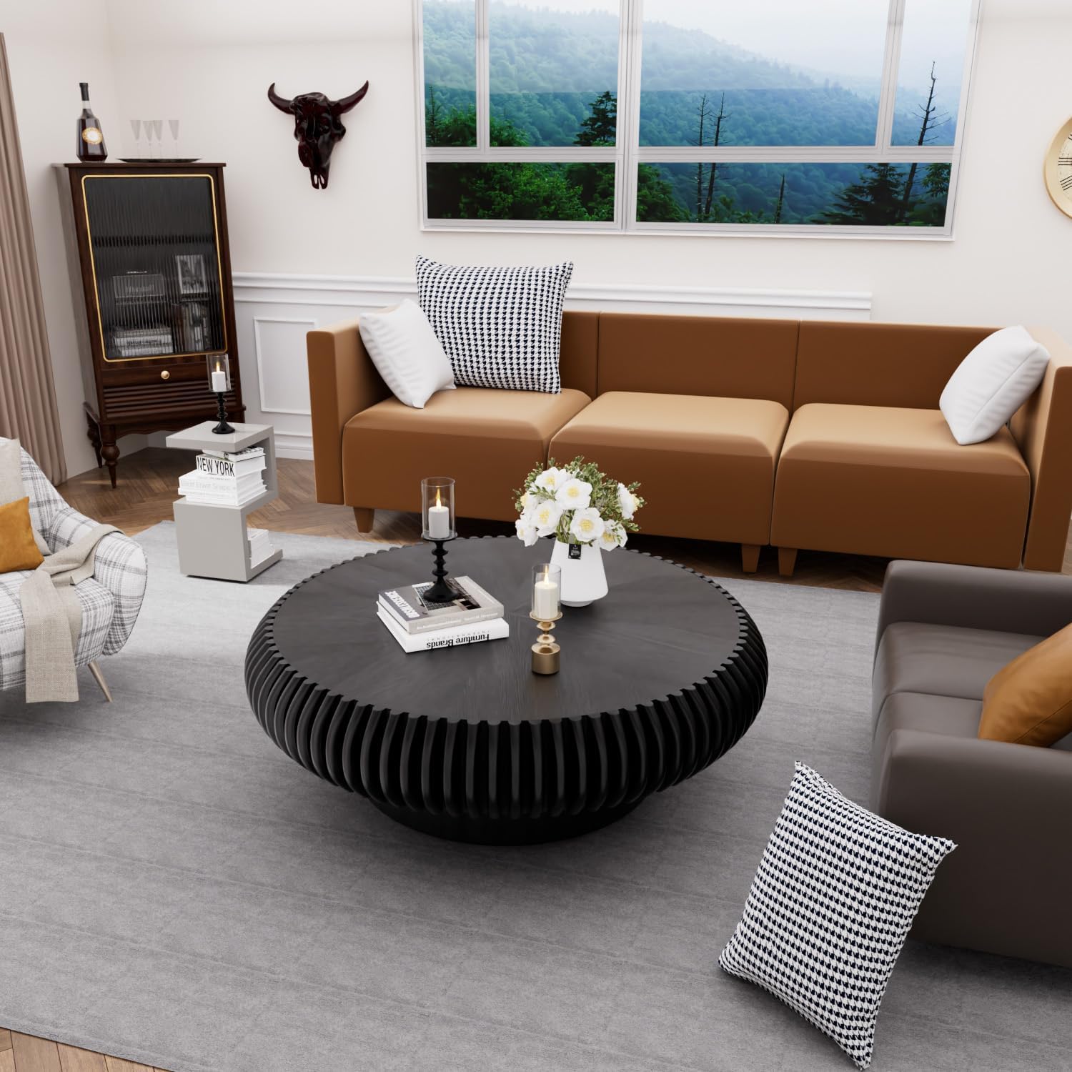 39.3' Drum Coffee Table Modern Unique Fluted Tea Table Contemporary Wood Round Coffee Table with Fluted Centry Table for Living Room Walnut (39.3' Black)