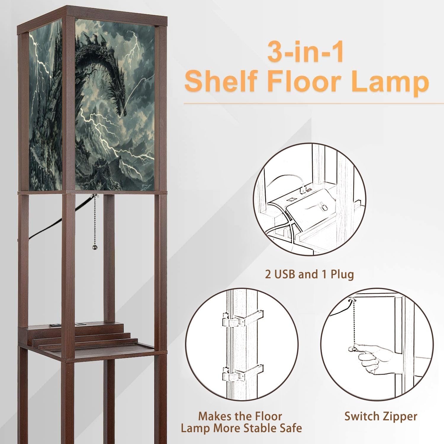 Floor Lamp with Shelves Dragon Shaped Crag Ruined Fortress Monochromatic Art Standing Tall Lamp USB Ports & Power Outlet Modern Corner Lamp Nightstand Light for Living Room Bedroom