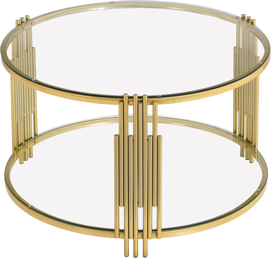 Gold Glass Coffee Table Round Modern Living Room Table, Luxury Stainless Steel Irregular Leg Tempered Glass, Circle Sofa Center Table for Home Office, 31.5' Clear