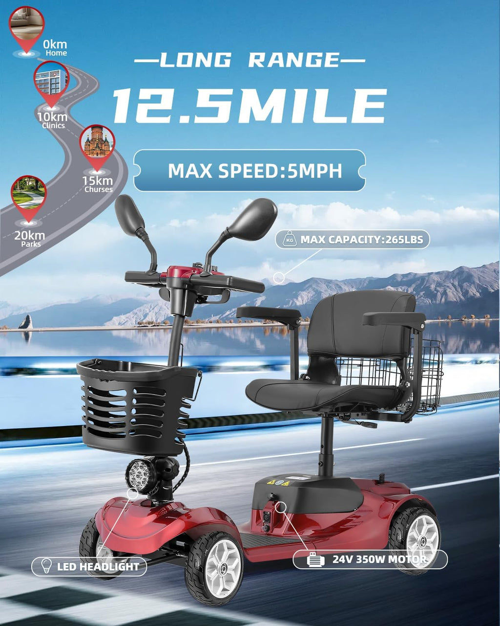 4 Wheel Mobility Scooter for Adults, All-Terrain Portable Electric Scooter, Folding Mobility Scooter with Adjustable Seat, 350W Motor, 12.5 Miles Range, Max Speed 5 Mph (Red)
