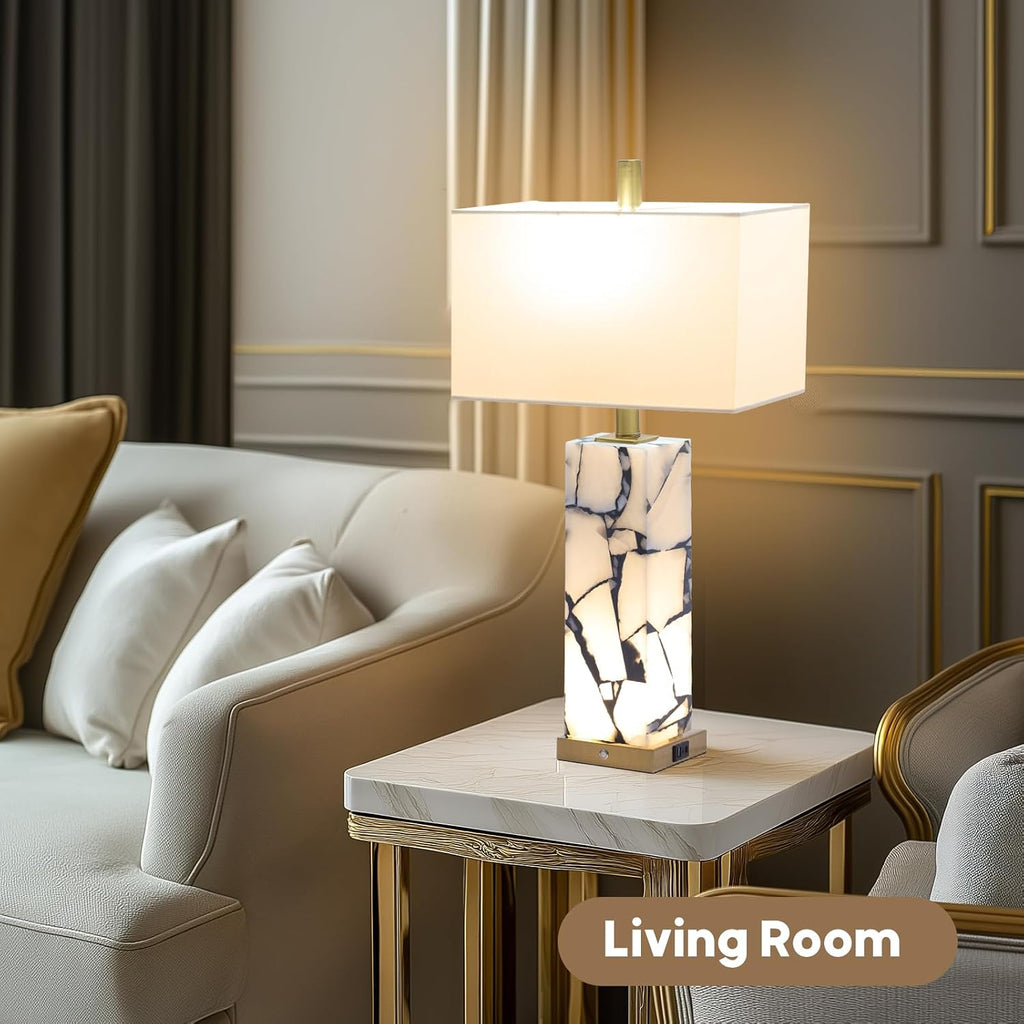 Natural Marble Table Lamps Set of 2: 3-Color Temperatures Alabaster Lamp with Nightlight, Bedside lamps with USB Ports, Bedroom Lamps for Night Stands End Table lamps for Living Room, Bulbs Included