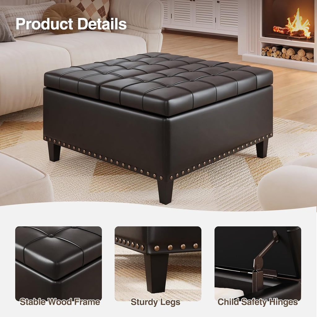 FiveWillowise Square Leather Ottoman with Storage, Faux Leather Coffee Table with Lift Top,Large Upholstered Footrest Stool Toy Box Storage Bench for Bedroom Living Room, Black