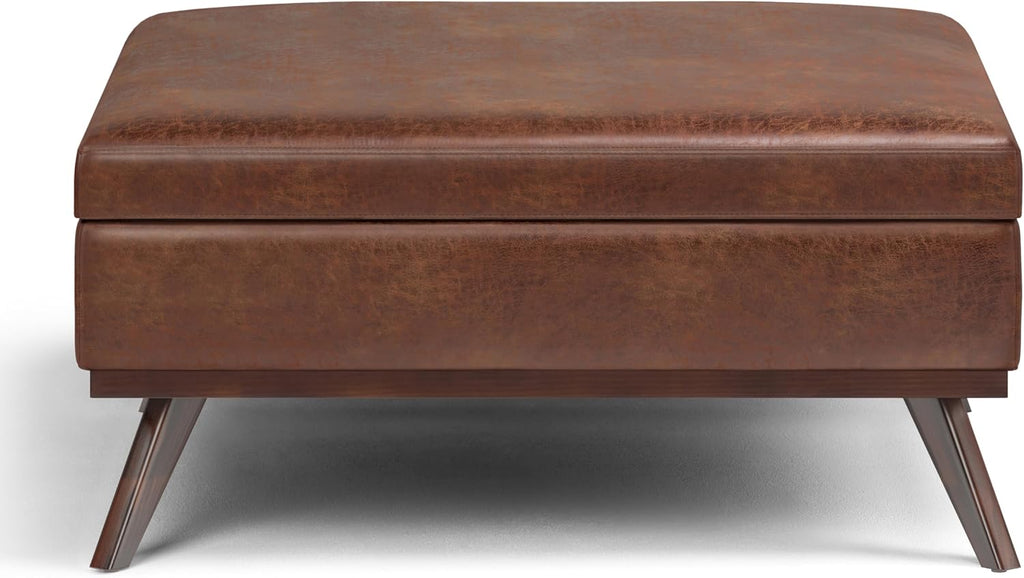 SIMPLIHOME Owen XL Square Coffee Table Storage Ottoman - 40 inch Wide Upholstered Vegan Leather Lift-Top Ottoman in Distressed Saddle Brown, Mid-Century Modern Ottoman for Living Room with Storage