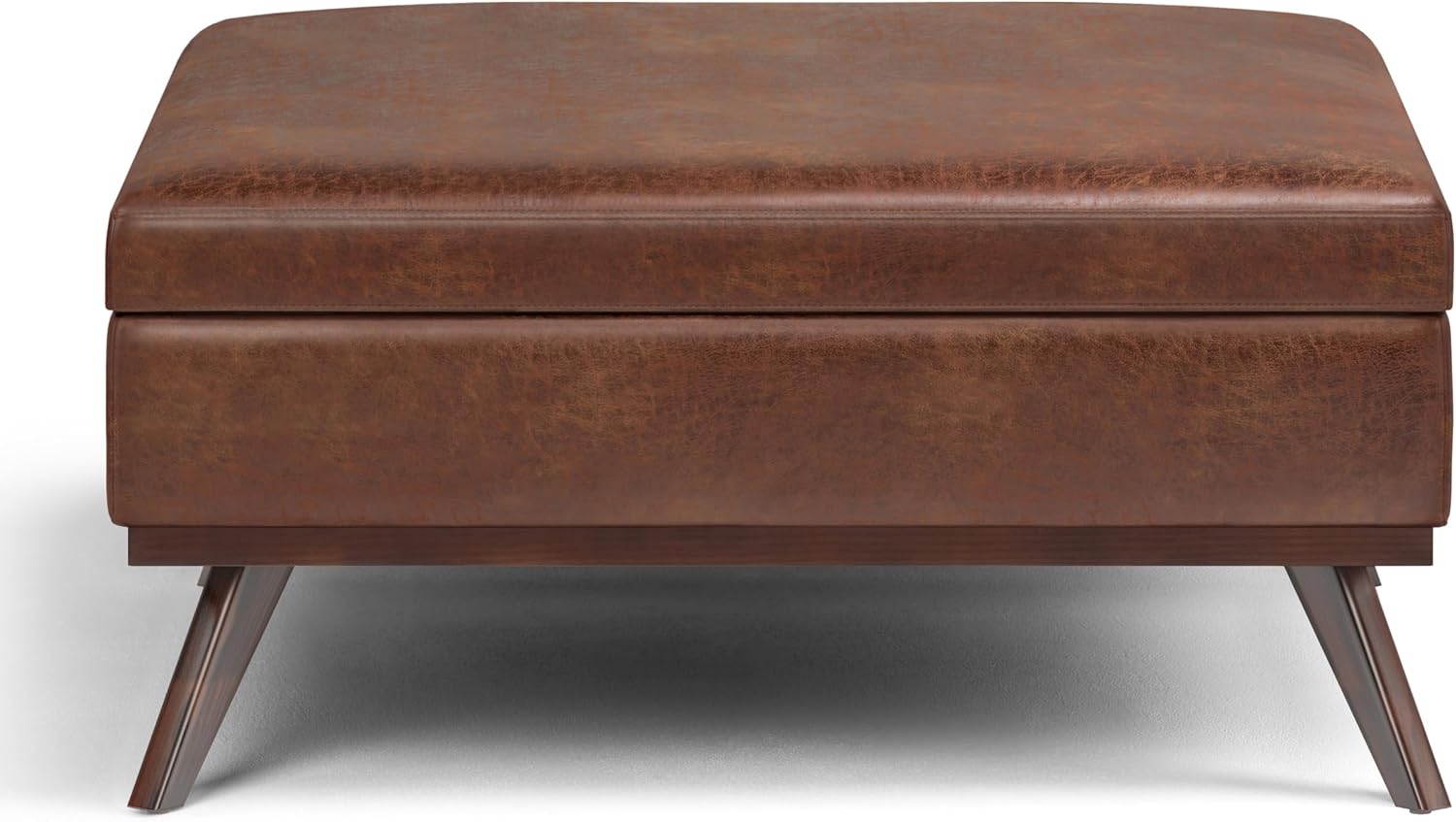 SIMPLIHOME Owen XL Square Coffee Table Storage Ottoman - 40 inch Wide Upholstered Vegan Leather Lift-Top Ottoman in Distressed Saddle Brown, Mid-Century Modern Ottoman for Living Room with Storage