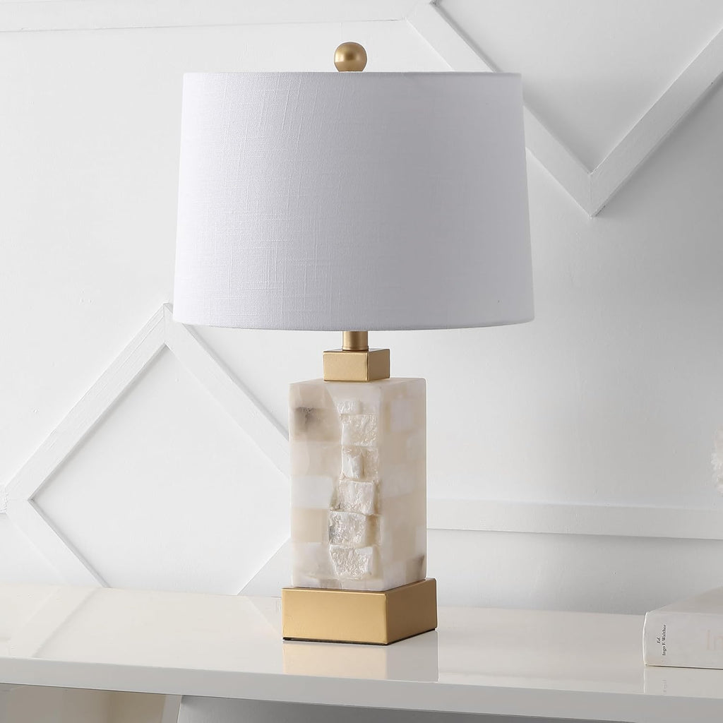 JONATHAN Y 23' Gold/White 2-Light Alabaster Rectangular Table Lamp with Night Light Modern Coastal Bedside Lamp for Bedroom with White Linen Drum Shade LED Bulbs Included JYL6202A