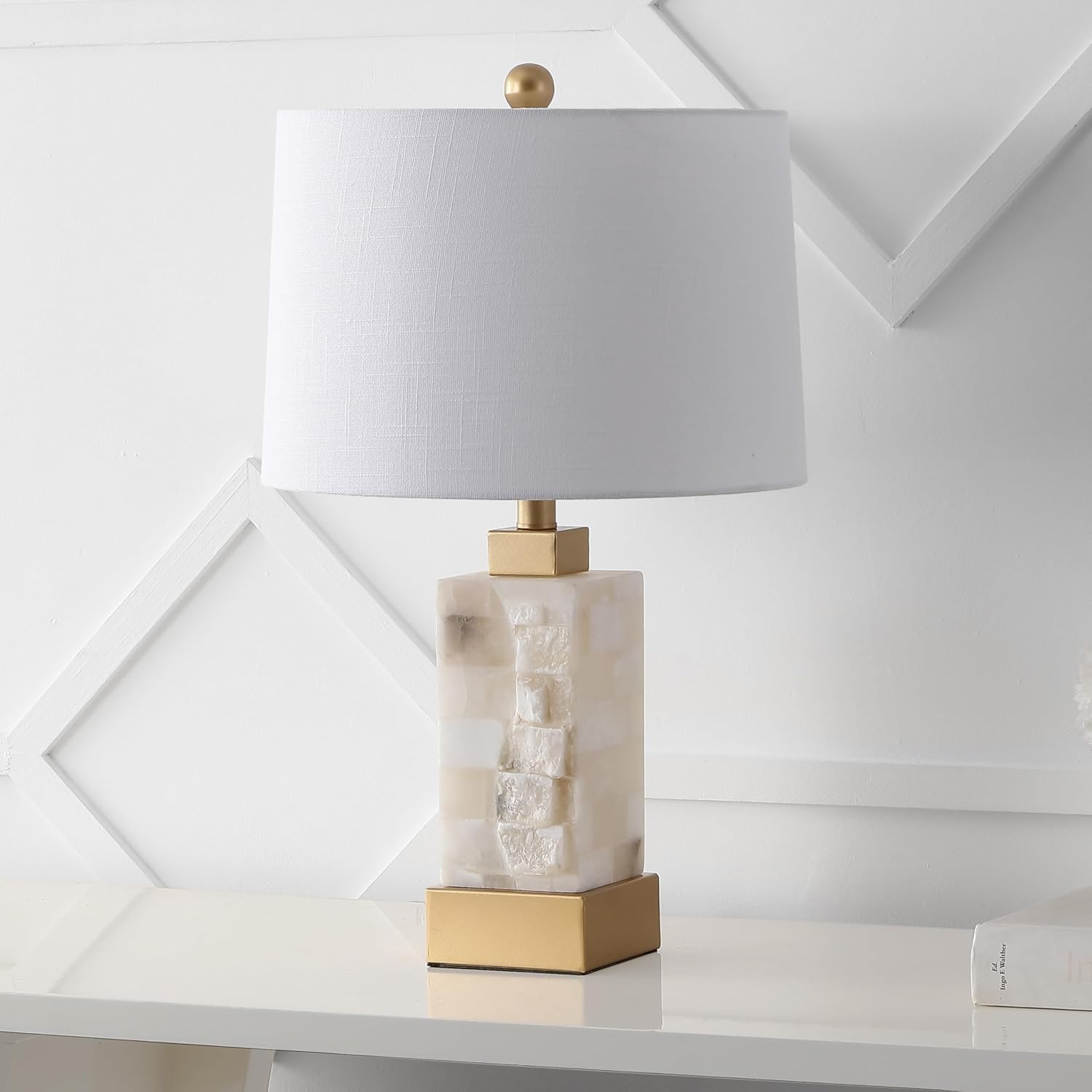 JONATHAN Y 23' Gold/White 2-Light Alabaster Rectangular Table Lamp with Night Light Modern Coastal Bedside Lamp for Bedroom with White Linen Drum Shade LED Bulbs Included JYL6202A
