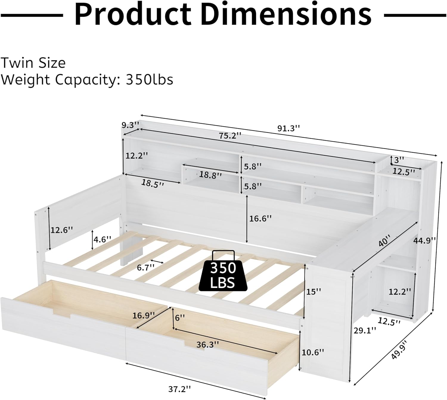Bellemave Twin Size Corner Bed Frame with Storage Shelves and Desk, Wood Twin Daybed with Bookcase and Drawers，Twin Daybed with Storage, Antique White