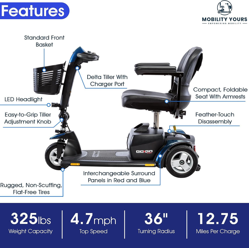 Pride Mobility Go Go Sport 3 Wheel Scooter Plus Mobility Yours Accessories, Pride Go Go 3 Wheel Power Mobility Scooter for Adults, Portable,18 AH Battery, 325 Wt Capacity, Extended Warranty