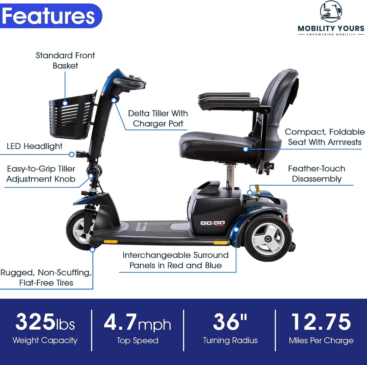 Pride Mobility Go Go Sport 3 Wheel Scooter Plus Mobility Yours Accessories, Pride Go Go 3 Wheel Power Mobility Scooter for Adults, Portable,18 AH Battery, 325 Wt Capacity, Extended Warranty
