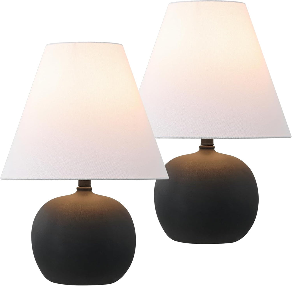 JONATHAN Y 18.25' Matte Black Modern Gourd LED Table Lamp Set of 2 for Bedroom, Scandinavian Resin Nightstand Lamps for Living Room, White Linen Shade JYL5602A-SET2