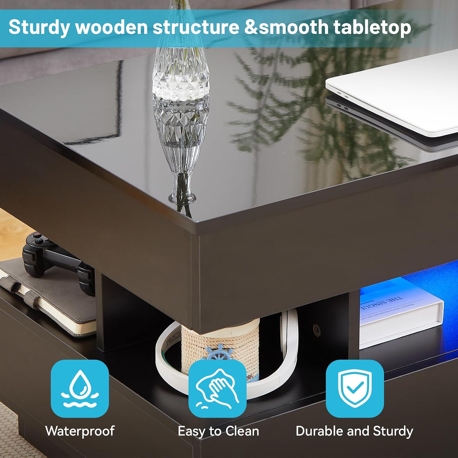 Lift Top Coffee Table, Modern Coffee Table with Hidden Compartment and Ajustable LED Light, Lift Tabletop Dining Center Table with 2 Storage Drawers for Living Room, Office (Black)