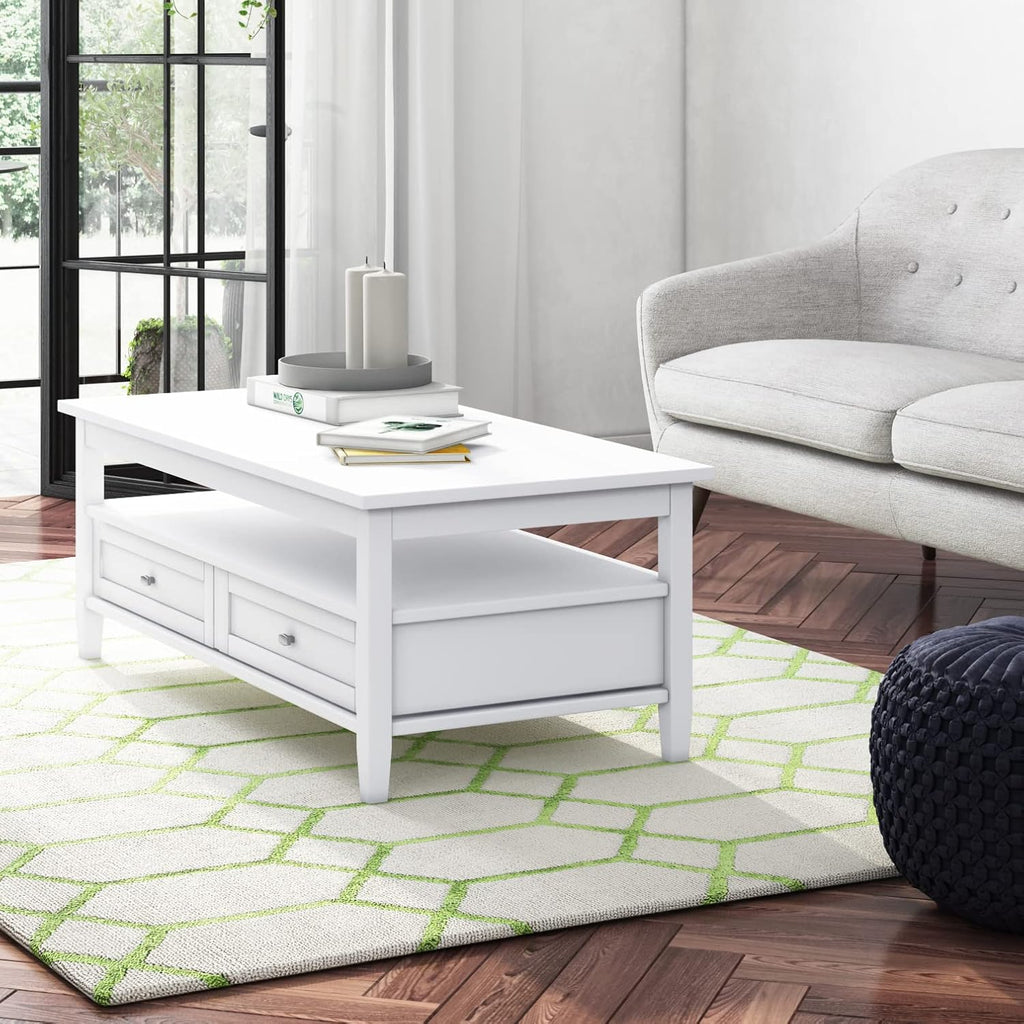 SIMPLIHOME Warm Shaker Coffee Table - 48 inch Wide Solid Wood Coffee Table in White, Transitional Living Room Table with 2 Drawers, Open Shelf, Shaker Fronts and Tapered Legs