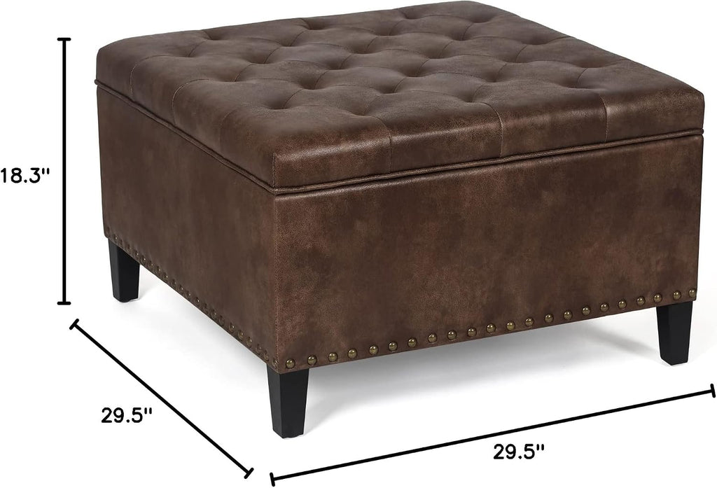 Joveco Storage Ottoman Square Upholstered Tufted Bench with Rivet, Footrest Coffee Table with Wood Legs for Living Room Bedroom Entryway (Coffee)