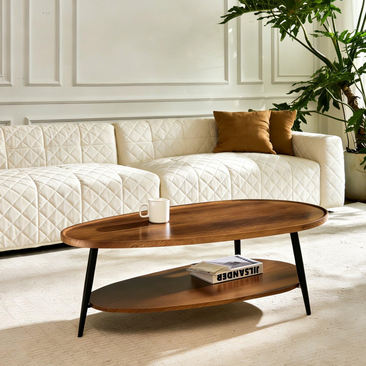 AGV Oval Coffee Table with Storage Shelf, 47' Mid Century Modern Coffee Table for Living Room, Walnut Wood Finish MDF Top with Black Metal Legs
