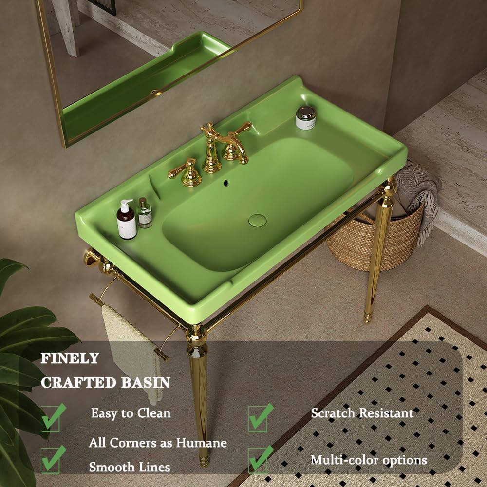 28' Bathroom Console Sink, Wall-Mounted White Ceramic Vanity Basin with 3 Pre-drilled Faucet Holes, Freestanding Gold Stainless Steel Support Legs with Towel Bar, No Faucet - Rome, Green