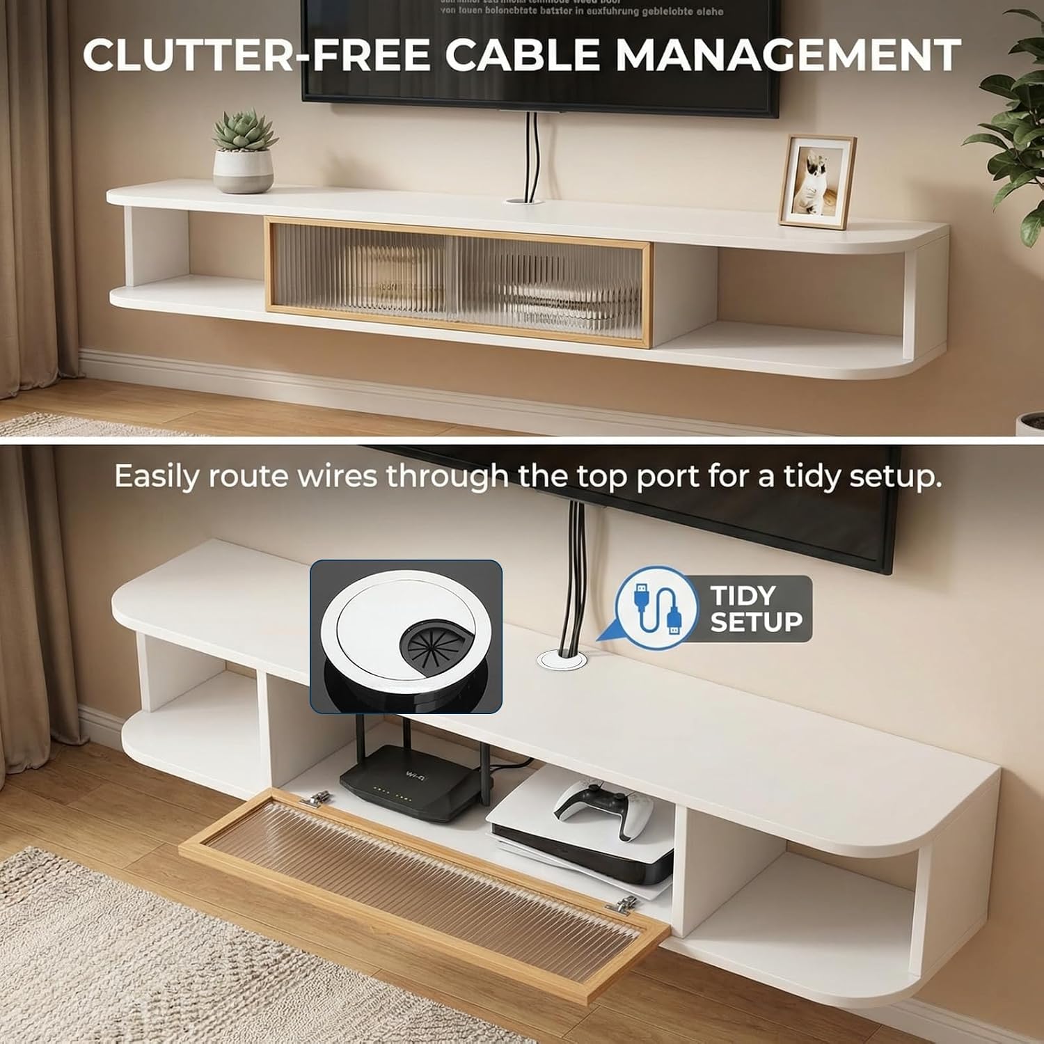 Floating TV Stand Wall Mounted Entertainment Center, 39.3–70.8 in Modern Media Console Shelf for Under TV Storage with Rounded Corners & Cable Management, Space-Saving for Living Room & Bedroom