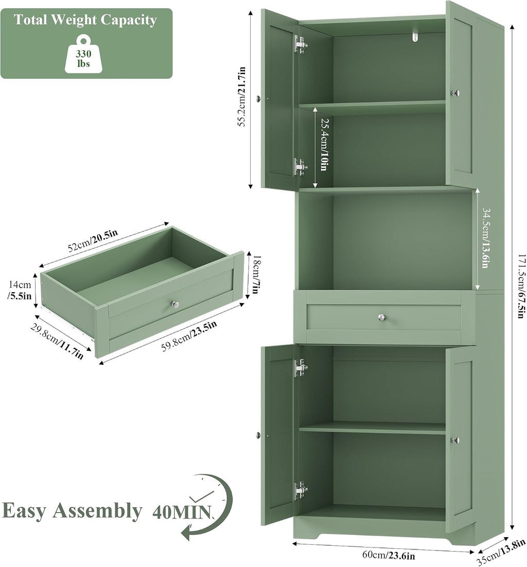 Tall Bathroom Storage Cabinets with Drawer, Modern Linen Cabinet with Doors & Shelves, 67'H Tall Storage Cabinet Freestanding for Bathroom, Dining Room, Kitchen & Pantry, Laundry, Narrow Corner, Green