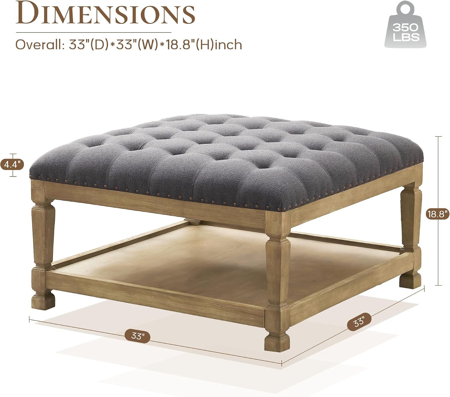 Ottoman Coffee Table,Square Wooden Upholstered Tufted Ottoman Foot Rest with Storage, Padded Linen Coffee Tables for Farmhouse Lliving Room (Dark Grey)