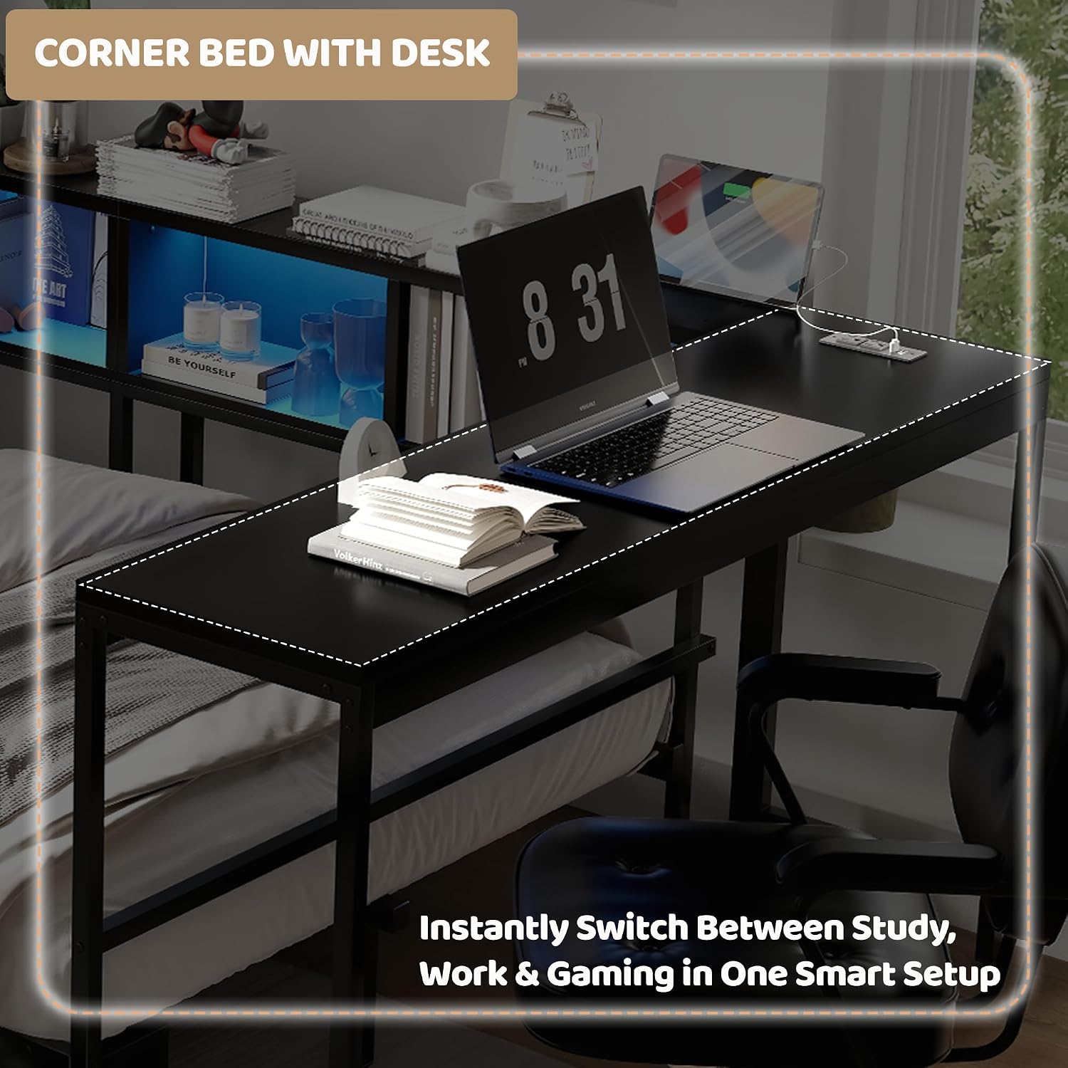 Full Corner Bed with Desk and 6 Bookcase, Full Corner Daybed with Storage Drawers, LED Light and Charging Station, Metal Full Size Corner Bed Frame for Living Room Bedroom Guest Room, Black
