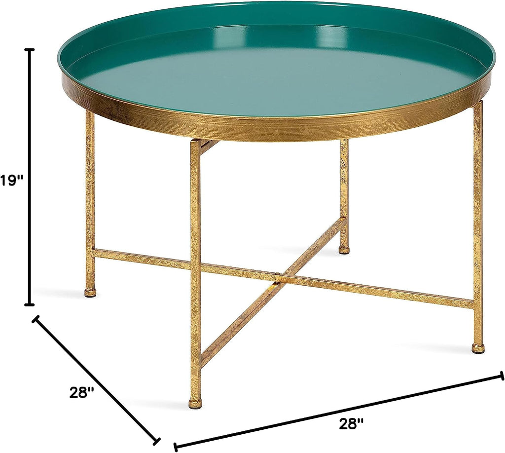 Kate and Laurel Celia Modern Coffee Table; 28 x 28 x 19; Teal and Gold; Glamorous Folding Metal Table For Storage and Display