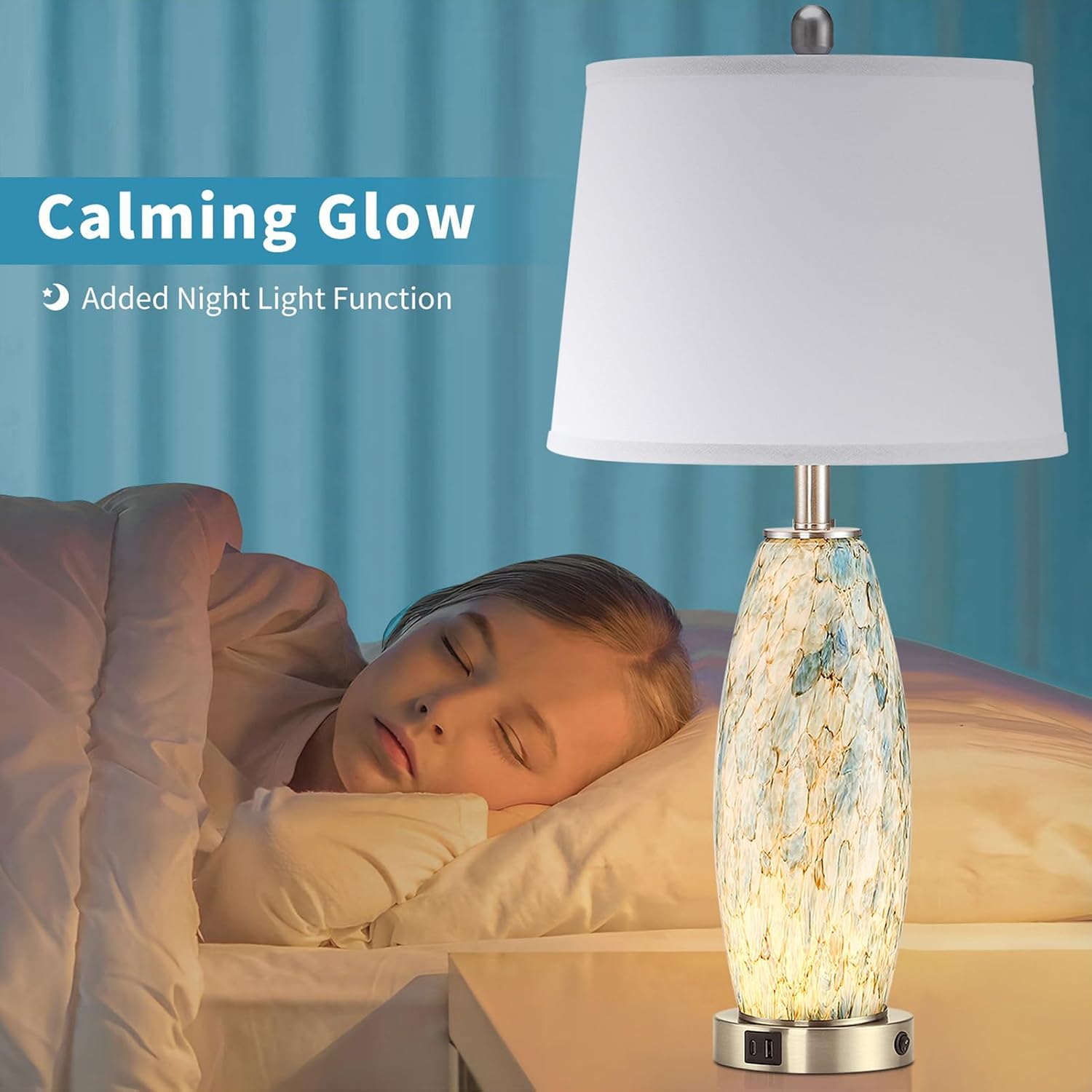 29' Tall Table Lamps Set of 2, Large Modern Lamps for Bedroom with Nightlight, Coastal Bedside Lamps with USB C+A, Glass Nightstand Table Lamps for Living Room, Bulbs Included