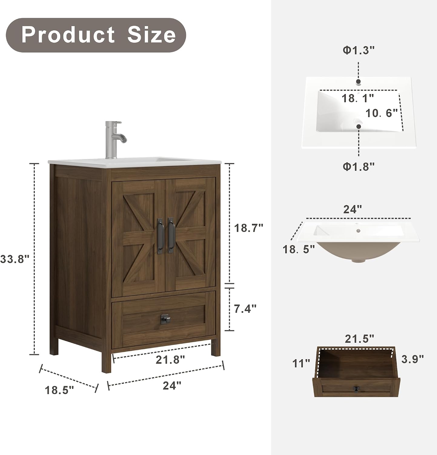 KIGOTY 24 Inch Farmhouse Vanity for Bathroom with Ceramic Sink, Vanity Sink Cabinet with Faucet, Wooden Sink Vanity, Freestanding Bathroom Sink and Cabinet, Bathroom Furniture Set