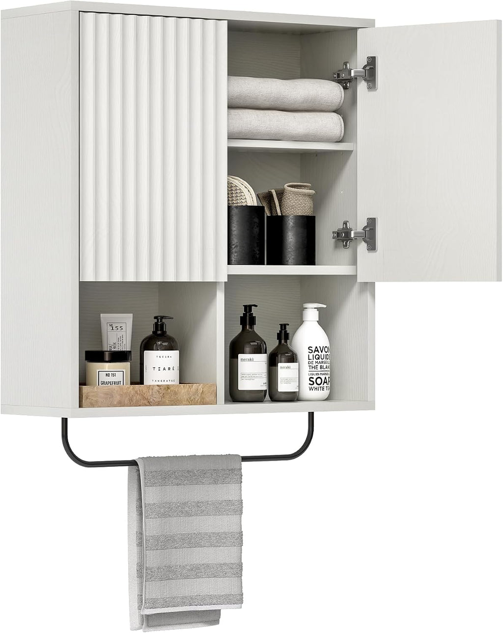 EYYTHUNG Fluted Wall Cabinet Set of 2, Wooden Bathroom Medicine Cabinet Storage with 2 Doors, Adjustable Shelf and Towels Bar, Modern Wall Mount Large Floating Cabinet for Kitchen White