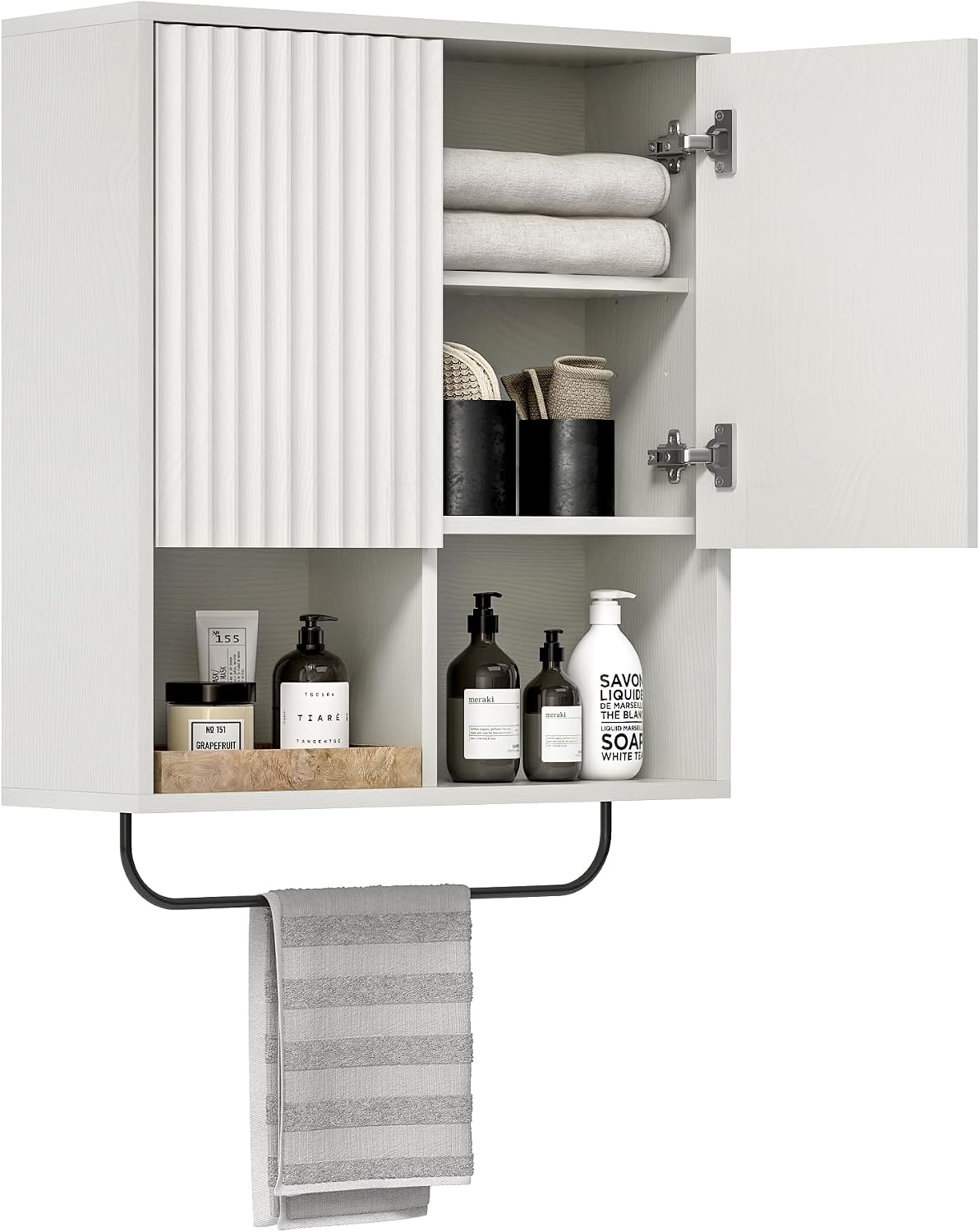 EYYTHUNG Fluted Wall Cabinet Set of 2, Wooden Bathroom Medicine Cabinet Storage with 2 Doors, Adjustable Shelf and Towels Bar, Modern Wall Mount Large Floating Cabinet for Kitchen White