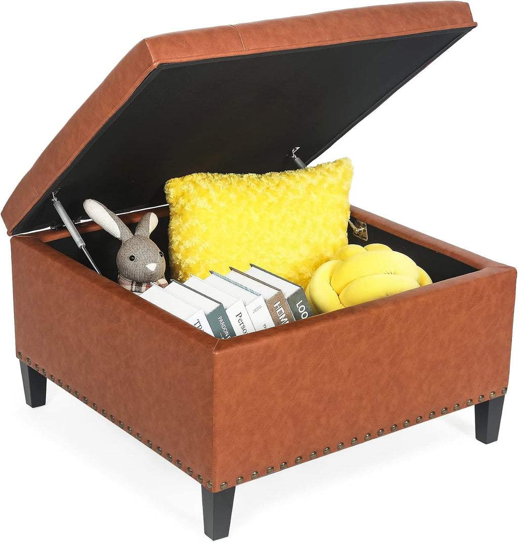 Homebeez Faux Leather Storage Ottoman Bench, Square Coffee Table Footstool Footrest with Wood Legs for Living Room (Cognac Brown)