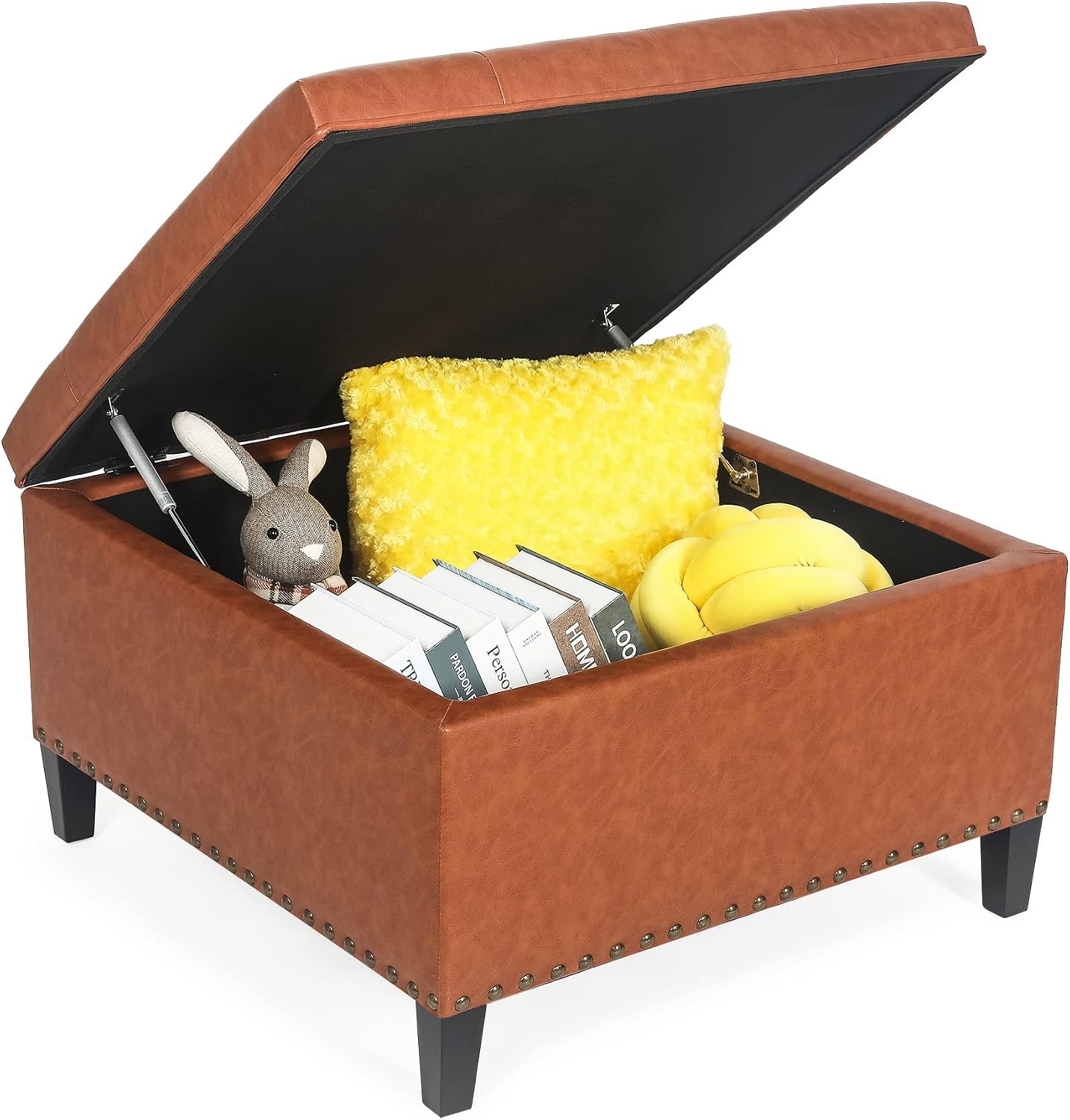 Homebeez Faux Leather Storage Ottoman Bench, Square Coffee Table Footstool Footrest with Wood Legs for Living Room (Cognac Brown)