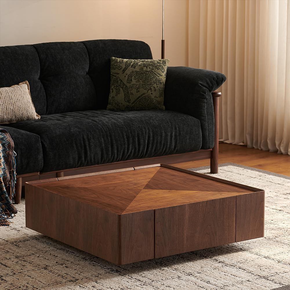 WILLIAMSPACE 35.43' Square Coffee Table with 2 Drawers Storage, Modern Drum Center Table Tea Table for Living Room Apartment, No Need Assembly - Walnut