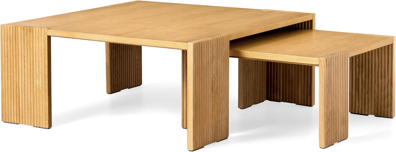 39.37'' Large Square Coffee Table, Solid Ash Wood Coffee Table Accent Table for Living Room, Modern Side Table with Soft Padded Feet and Textured Legs, Natural Wood Color