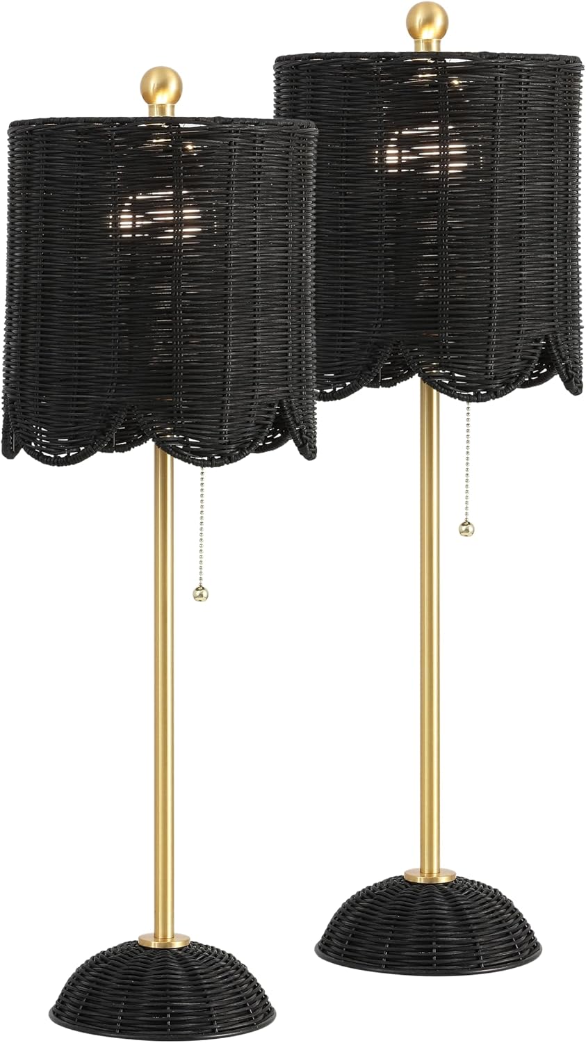 JONATHAN Y 27.5' Black/Brass Gold Coastal Buffet Table Lamp Set of 2 for Bedroom, Boho Table Lamps with Natural Rattan Scalloped Shade, Pull Chain, LED Bulbs Included (JYL1138C-SET2)